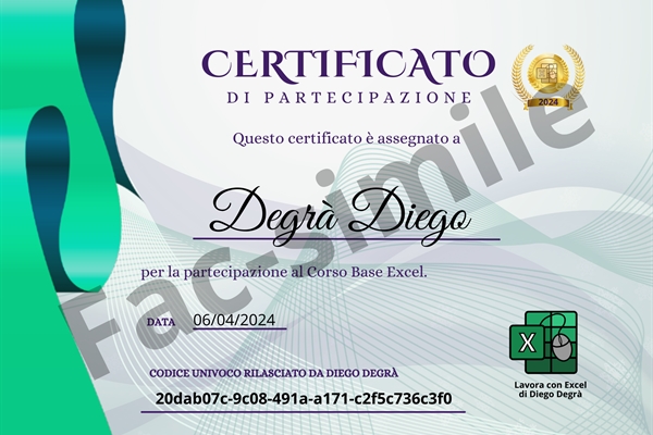 Fac-simile certificato di partecipazione al corso base Excel con codice univoco verificaile